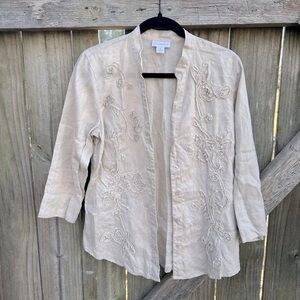 Beige Floral Embroidered Open Jacket
